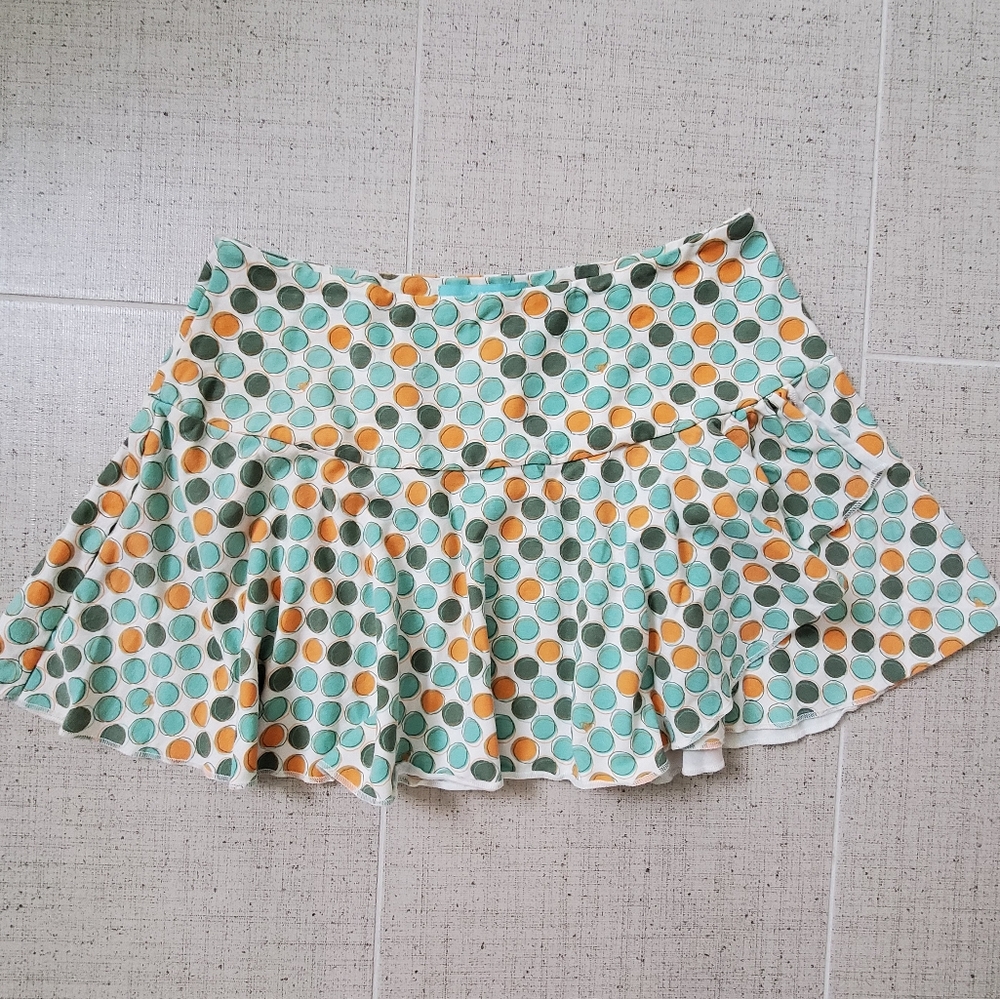 ROXY Ruffle Mini Skirt, White w/ Orange/Teal, Emerald Polka-dot, Sz Med. EUC